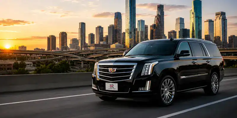 Luxury black Cadillac Escalade with Lavish Ride logo plate driving through Houston highways at sunset, surrounded by major freeway interchanges, downtown skyline, and transportation signs representing Houston’s diverse ground transportation network and regional mobility connections.